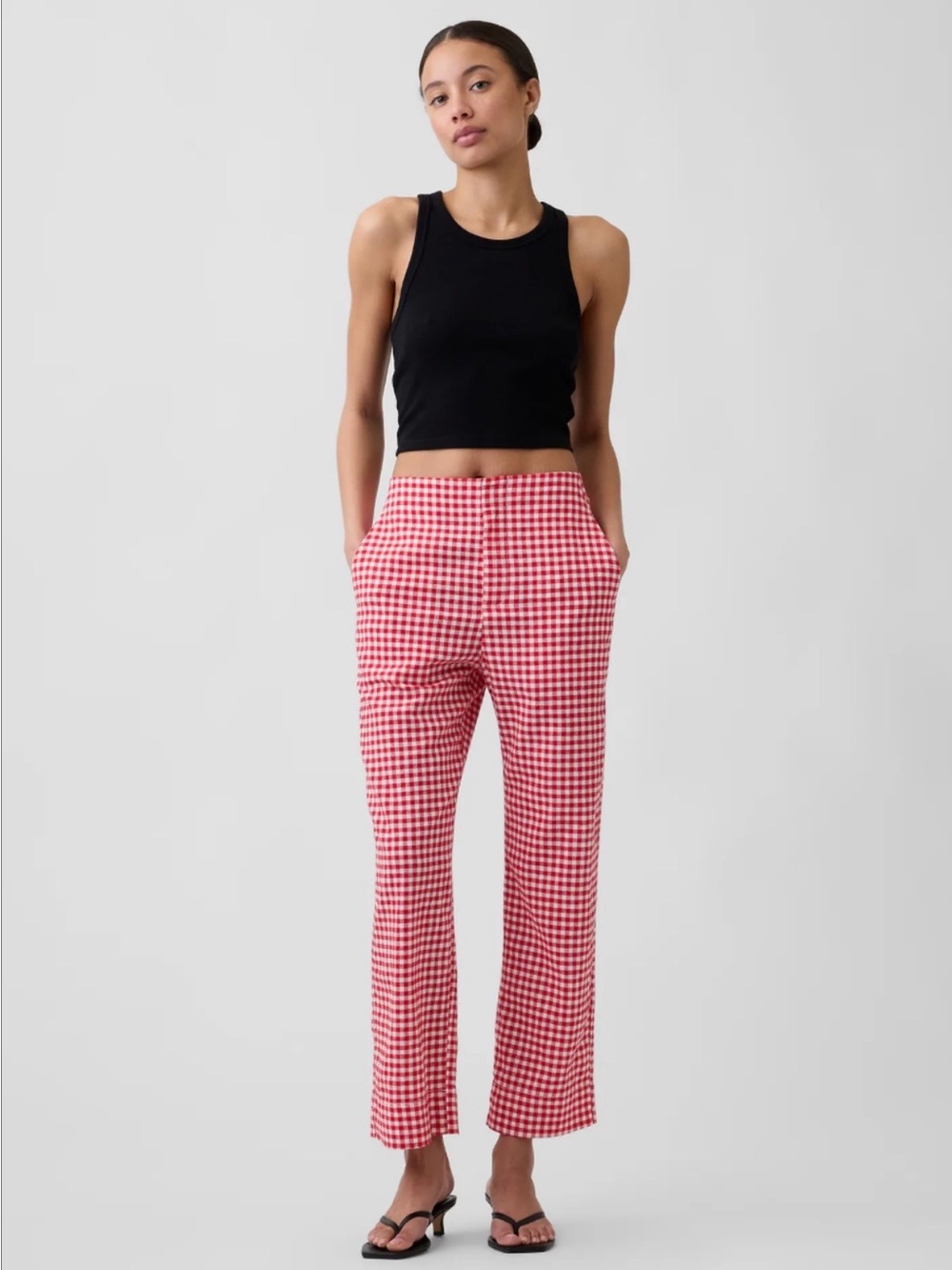 Gap Linen blend straight petite red gingham  Crop pant 00P